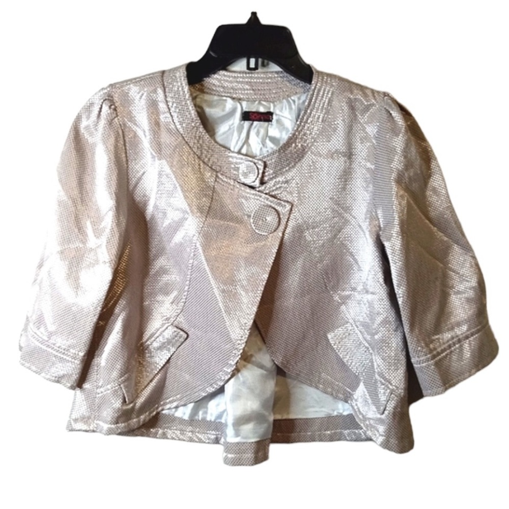 Sonrisa size small silver metallic jacket curved hem one button , lined